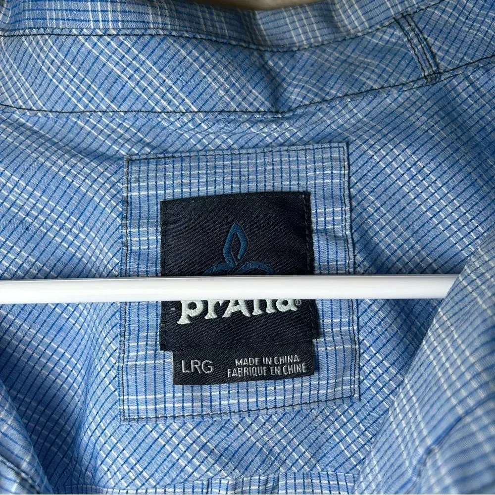 prAna Cayman Blue Short Sleeve Button Down Outdoor Shirt Pockets Mens Size Large